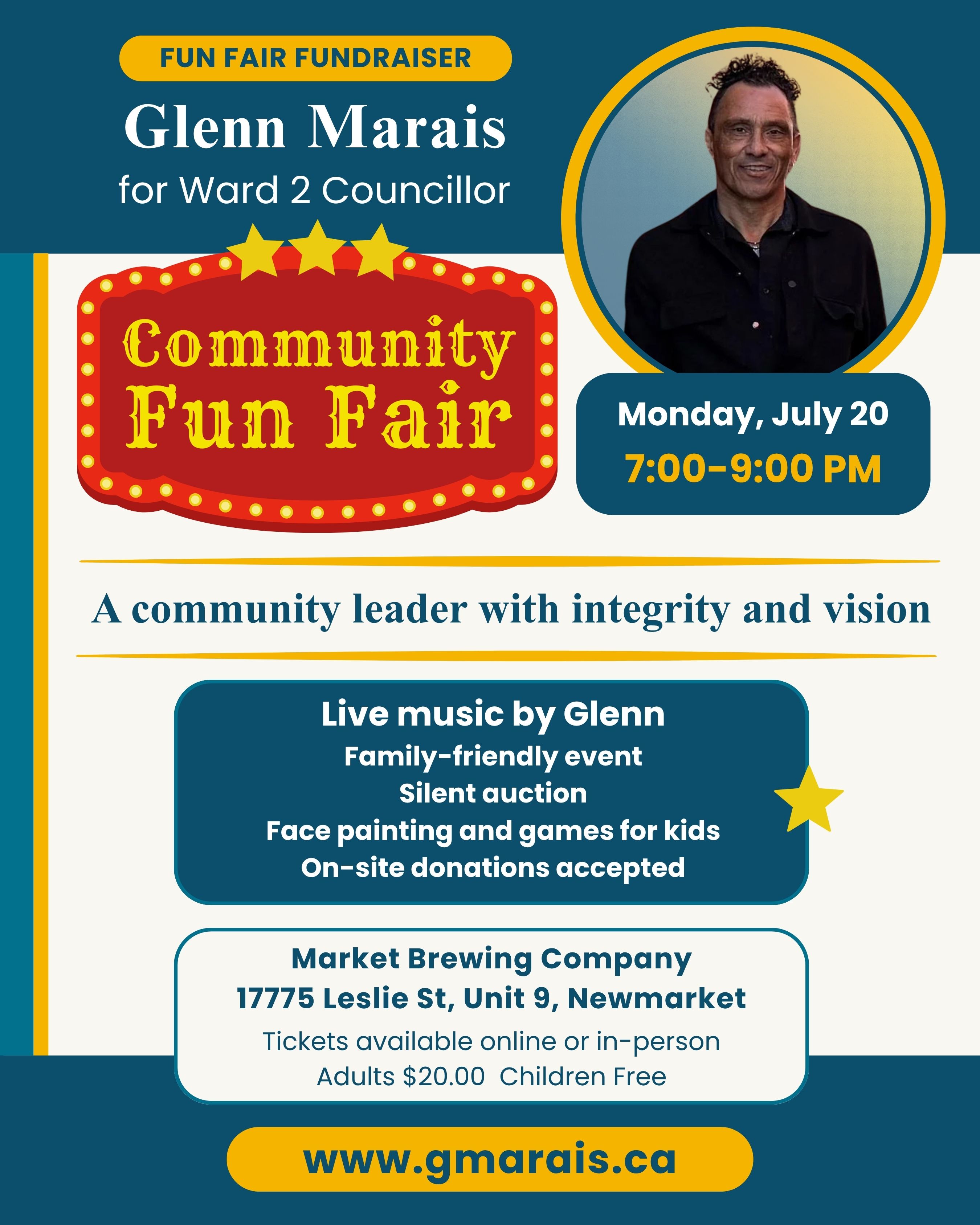 Community Fun Fair Fundraiser poster for Glenn Marais, Monday July 20 from 7 to 9 p.m. at Market Brewing Company